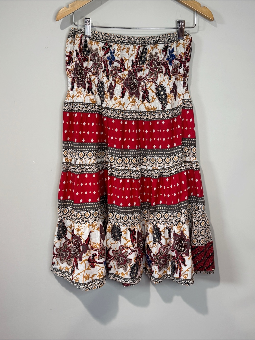 Forever 21 Women’s Smocked Tiered Midi Skirt Boho Mixed Print Peasant Festival M
